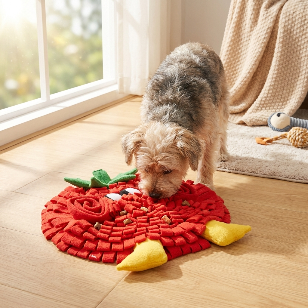 Interactive dog snuffle mat with colorful vegetable designs (bell pepper, tomato) for foraging, mental enrichment & slow eating.