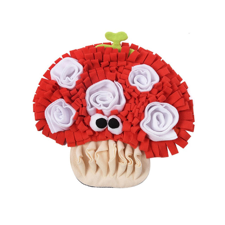 Pet interactive snuffle mat with veggie designs encourages natural foraging, slows eating & provides mental fun for dogs.