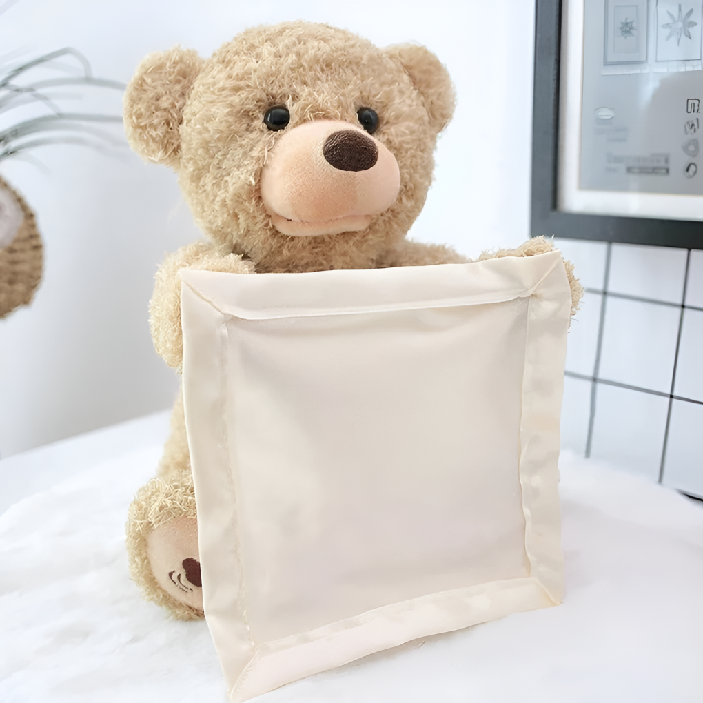 Adorable interactive peek-a-boo bear plush, a soft huggable baby & toddler toy, ideal kids gift for developmental play.