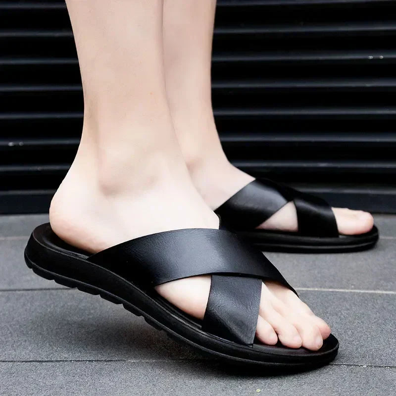 Comfortable men's open-toe slip-on sandals, perfect casual summer footwear for beach & vacation.