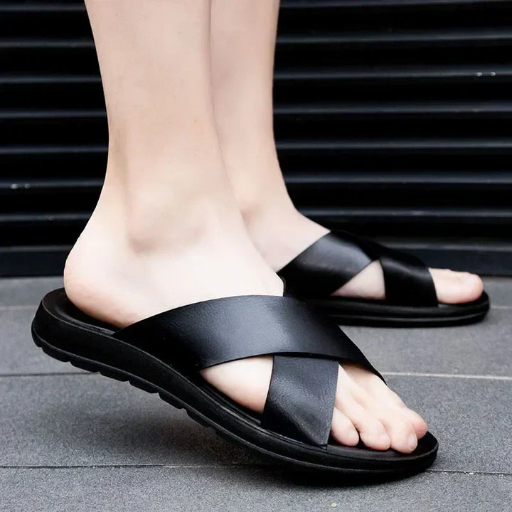 Comfortable men's open-toe slip-on sandals, perfect casual summer footwear for beach & vacation.