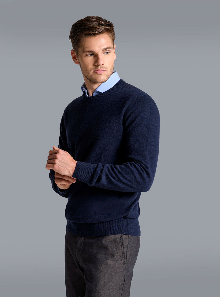 Elegant men's navy blue V-neck cashmere sweater, ideal for versatile luxury & modern men's fashion.