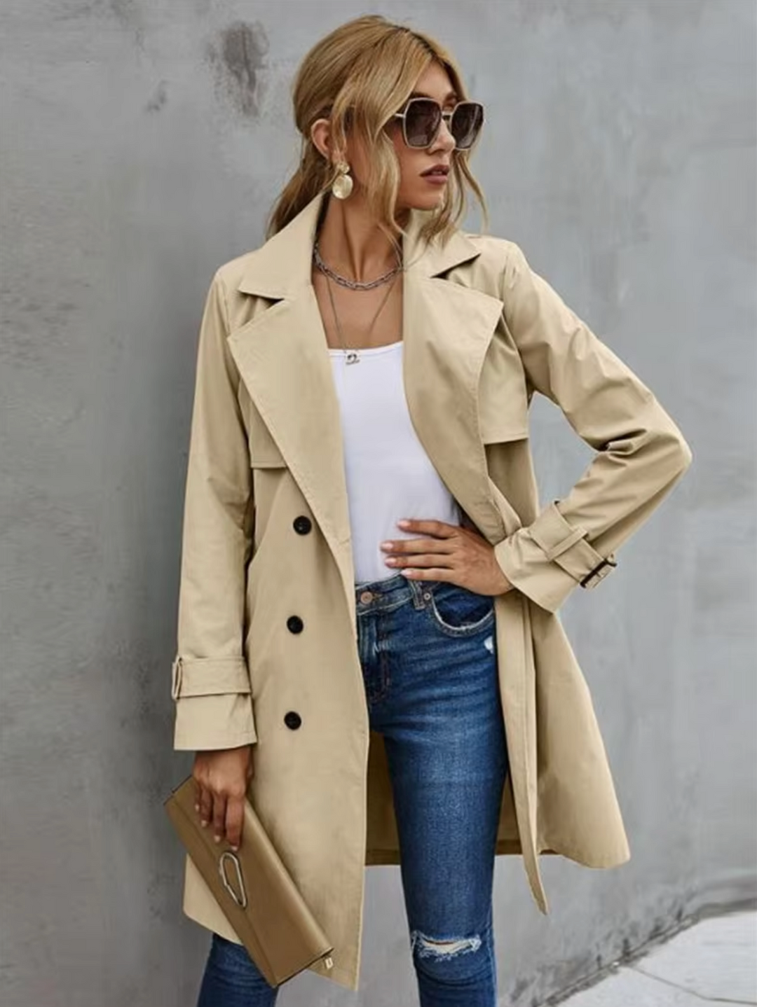 Khaki double-breasted trench coat for women with belted waist, perfect for fall fashion outerwear