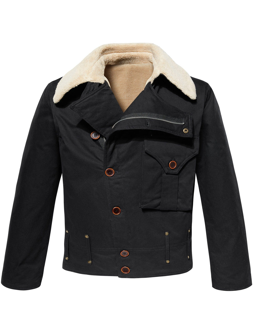 Men's black aviator canvas jacket, side view, durable and rugged design