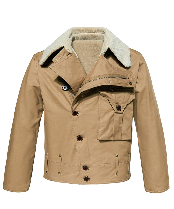 Back view of men's army green rugged canvas aviator jacket, casual style