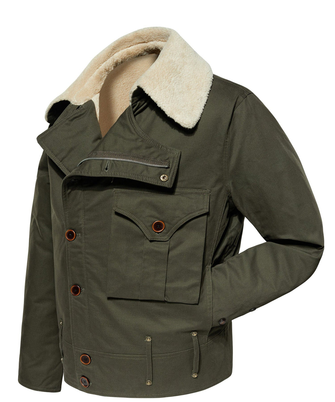Close-up of khaki aviator canvas jacket fabric and zipper detail for men