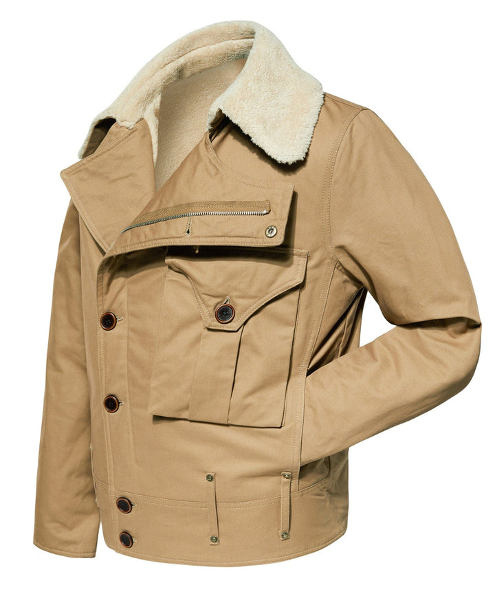 Detail of pocket and stitching on a men's army green canvas aviator jacket