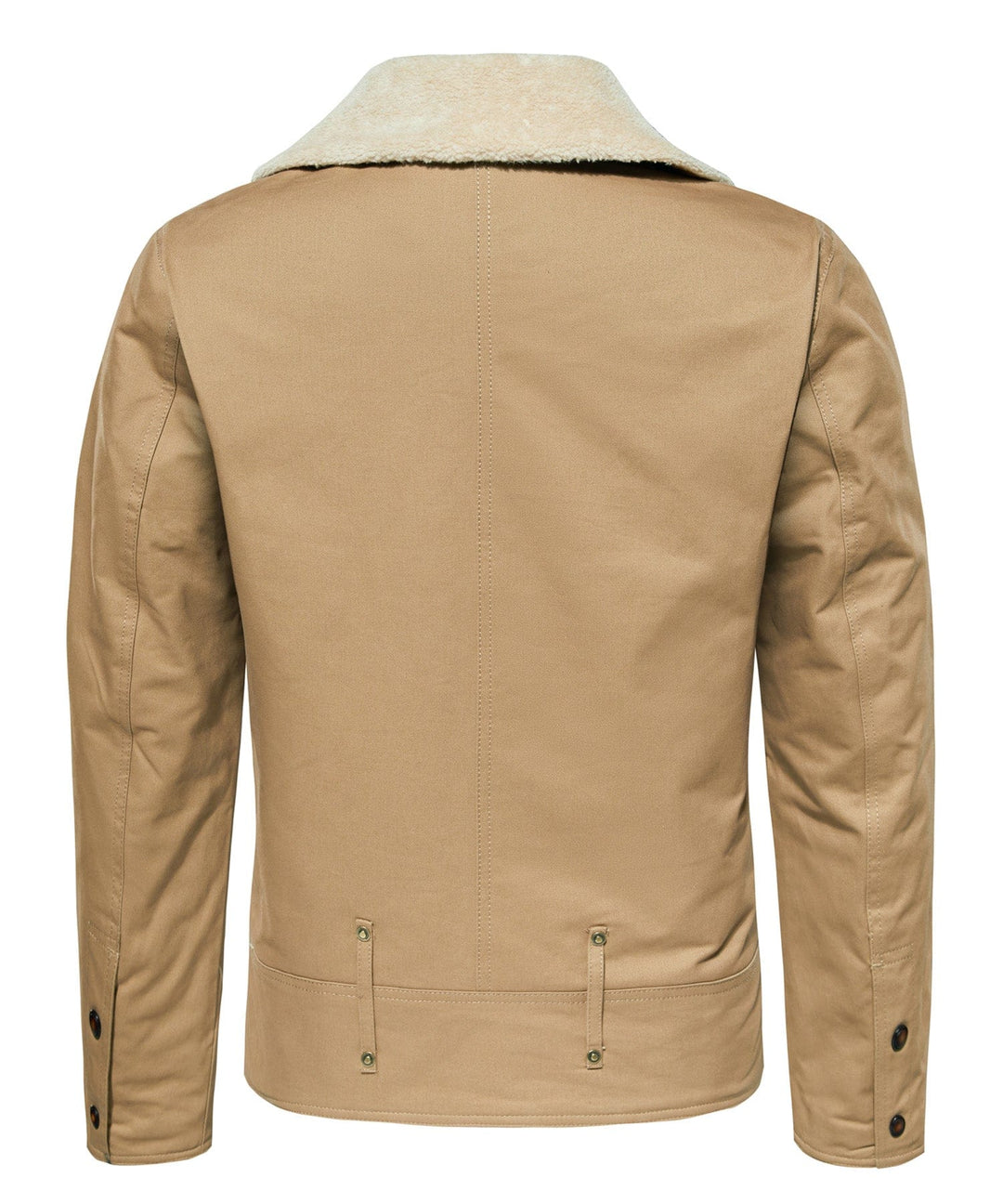 Close-up of collar and shoulder detail on a men's rugged canvas aviator jacket