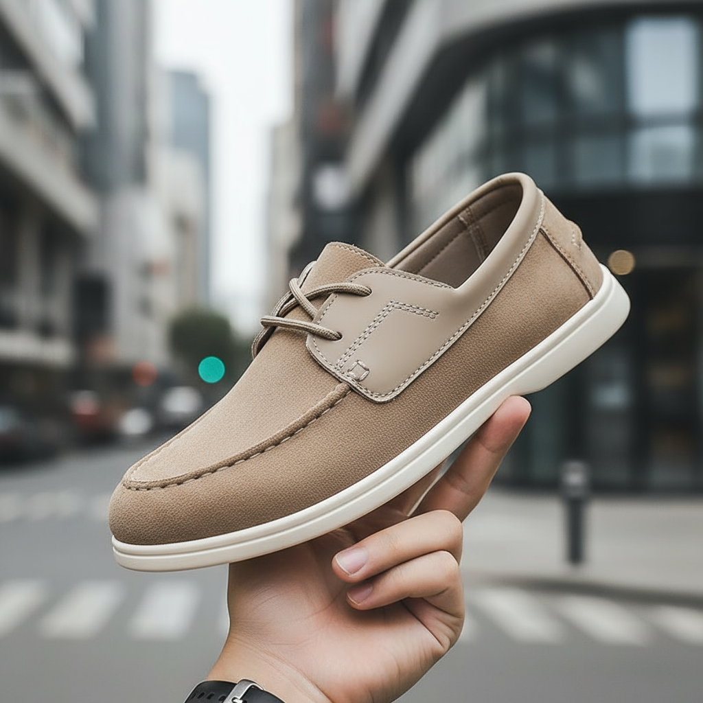 Men's slip-on shoes in premium khaki suede, designed for urban comfort and casual style