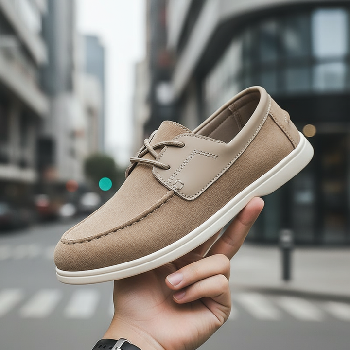 Men's slip-on shoes in premium khaki suede, designed for urban comfort and casual style