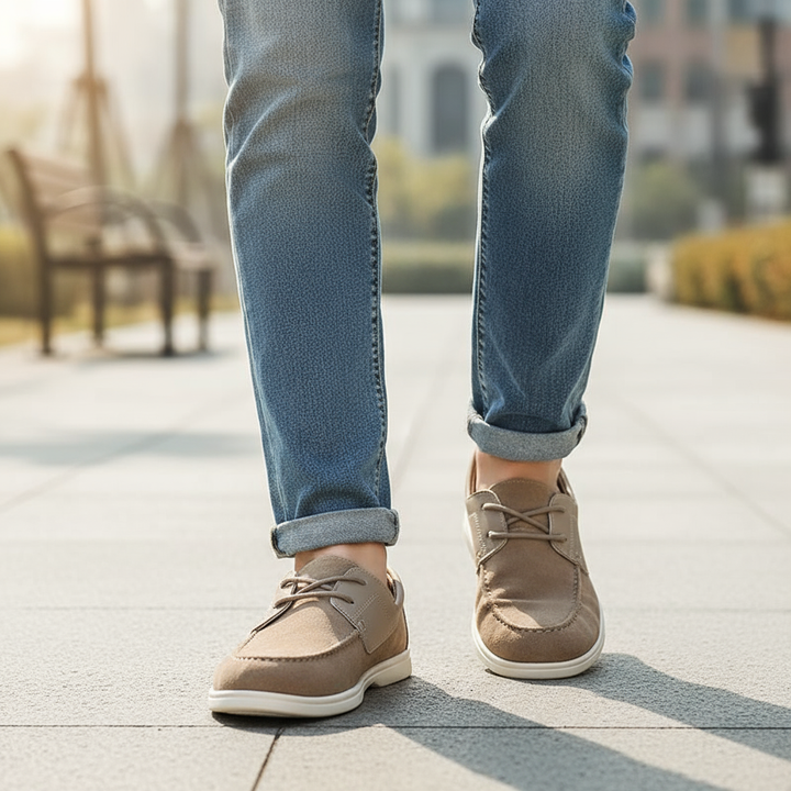 Olive gray suede slip-on shoes, men's urban comfort design, ideal for everyday casual outfits