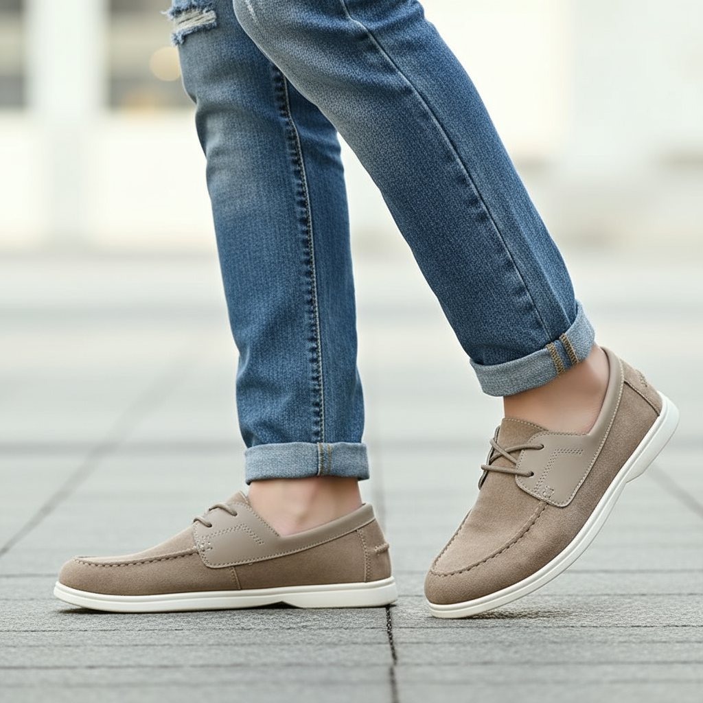 Close-up of men's urban comfort slip-on shoes in khaki suede, highlighting texture and stitching
