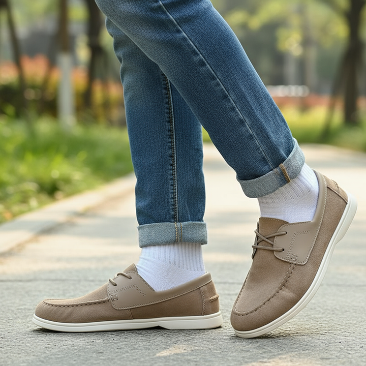 Pair of men's olive gray suede slip-on shoes, showcasing the casual yet elegant urban style
