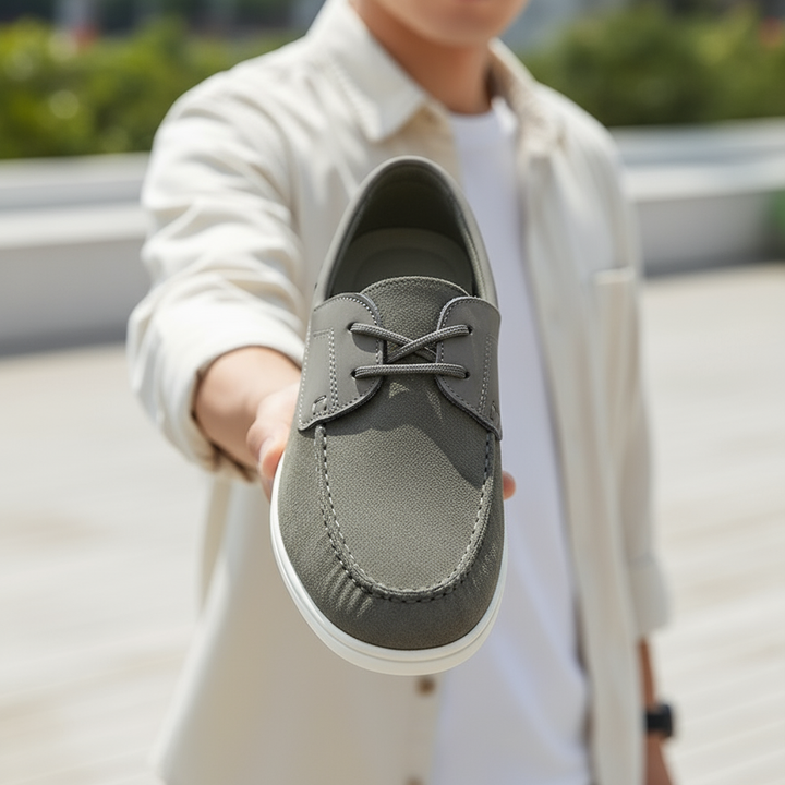 Men's casual slip-on shoes crafted from soft suede leather, available in khaki and olive gray