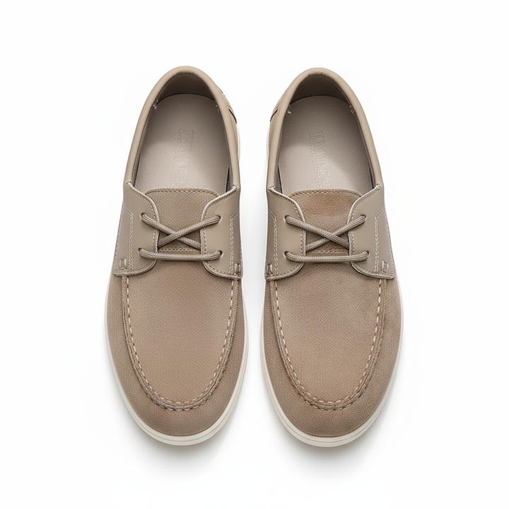 Top-down view of men's urban comfort suede slip-on shoes, ready for easy casual wear