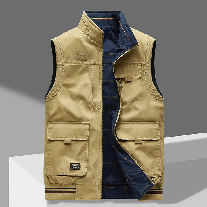 Khaki unisex utility outdoor vest with multiple pockets for tools and gear, breathable cotton fabric