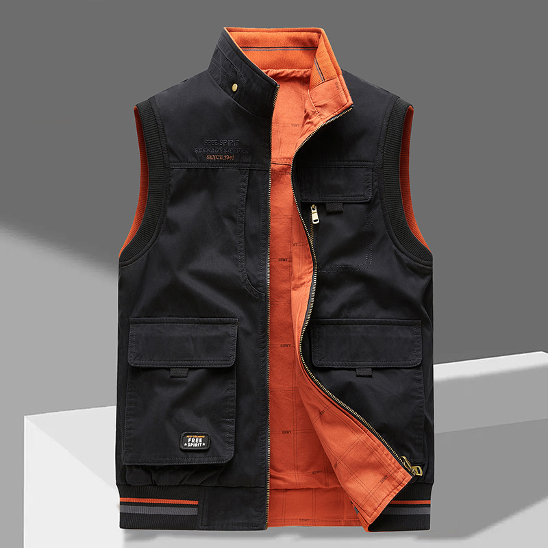 Black unisex breathable cotton utility vest, multi-pocket design for outdoor adventures & casual wear