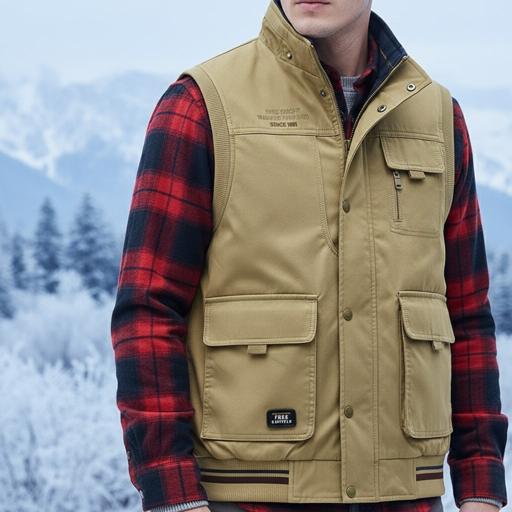 Orange unisex outdoor vest with functional pockets, versatile for various utility and outdoor uses