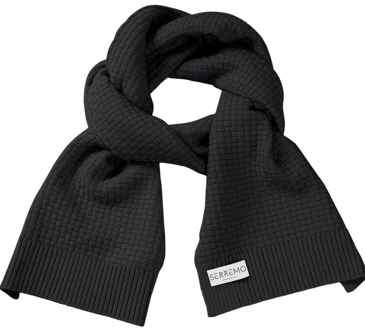 Stylish khaki waffle knit scarf, a cozy unisex accessory, perfect for winter warmth