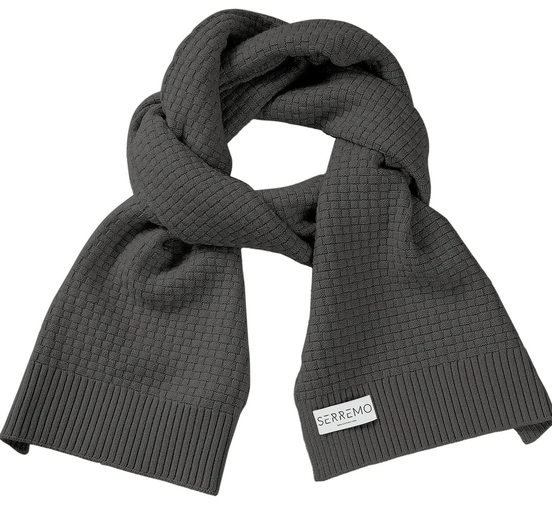 Unisex cozy waffle knit scarf in khaki, close-up of soft, warm textured fabric