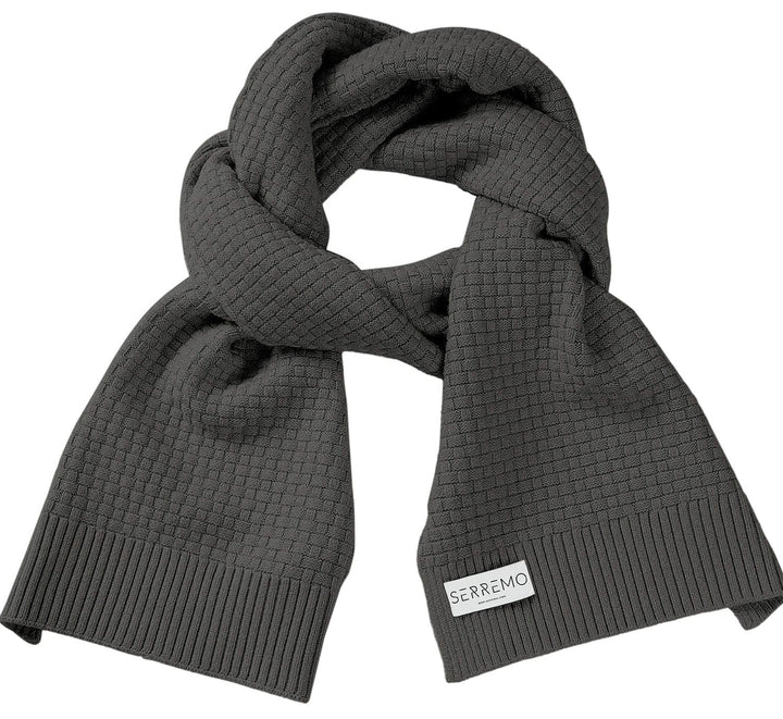 Unisex cozy waffle knit scarf in khaki, close-up of soft, warm textured fabric