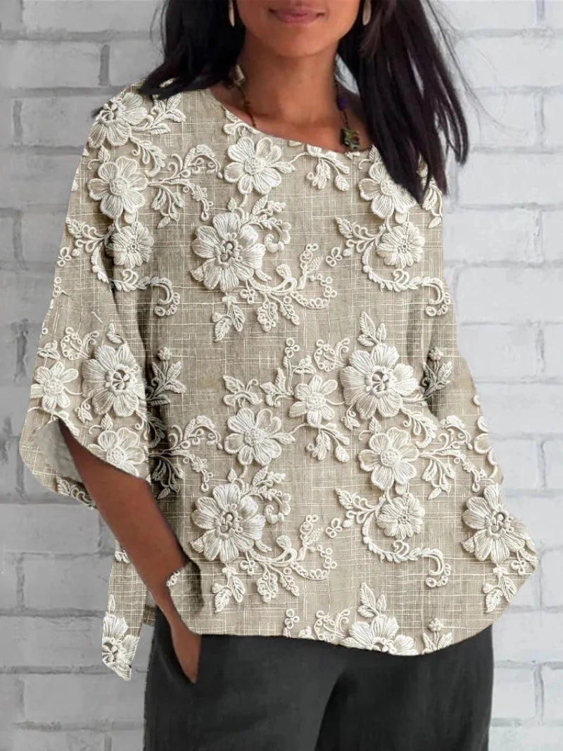 Khaki women's vintage floral embroidered blouse with three-quarter sleeves & relaxed fit for elegant spring fashion.