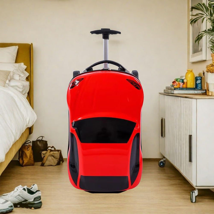 Fun 18-inch pull-along car suitcase for kids, a red wheeled bag with retractable handle for easy children travel.