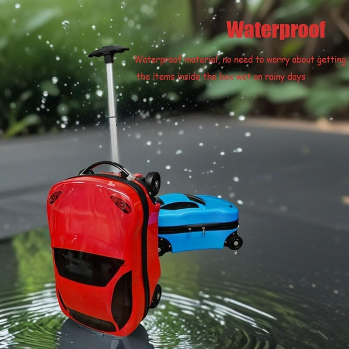 Detailed blue 18-inch car-shaped pull-along suitcase for kids, a wheeled travel bag with a retractable handle.