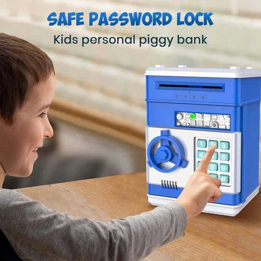 Kids' electronic ATM piggy bank with code lock, perfect for teaching smart money saving and financial responsibility.