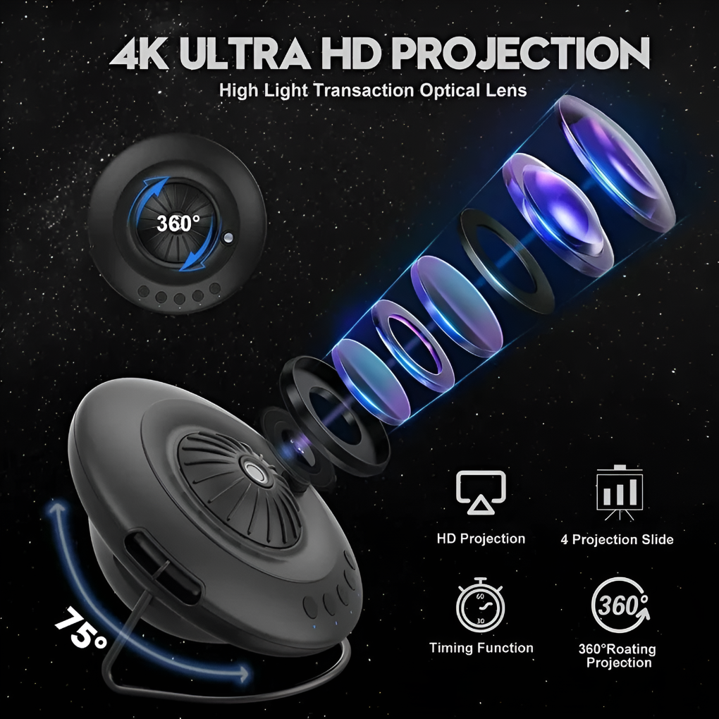 Kids galaxy projector creating a starry night sky with planetarium effects, perfect for a child's bedroom.