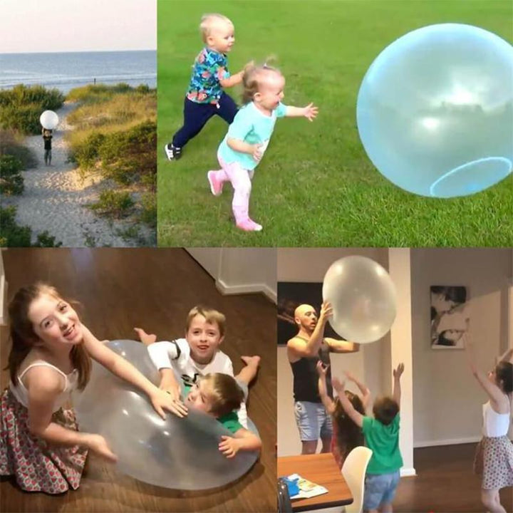 Children playing with a giant inflatable bubble ball, a tear-resistant outdoor toy for active summer fun.
