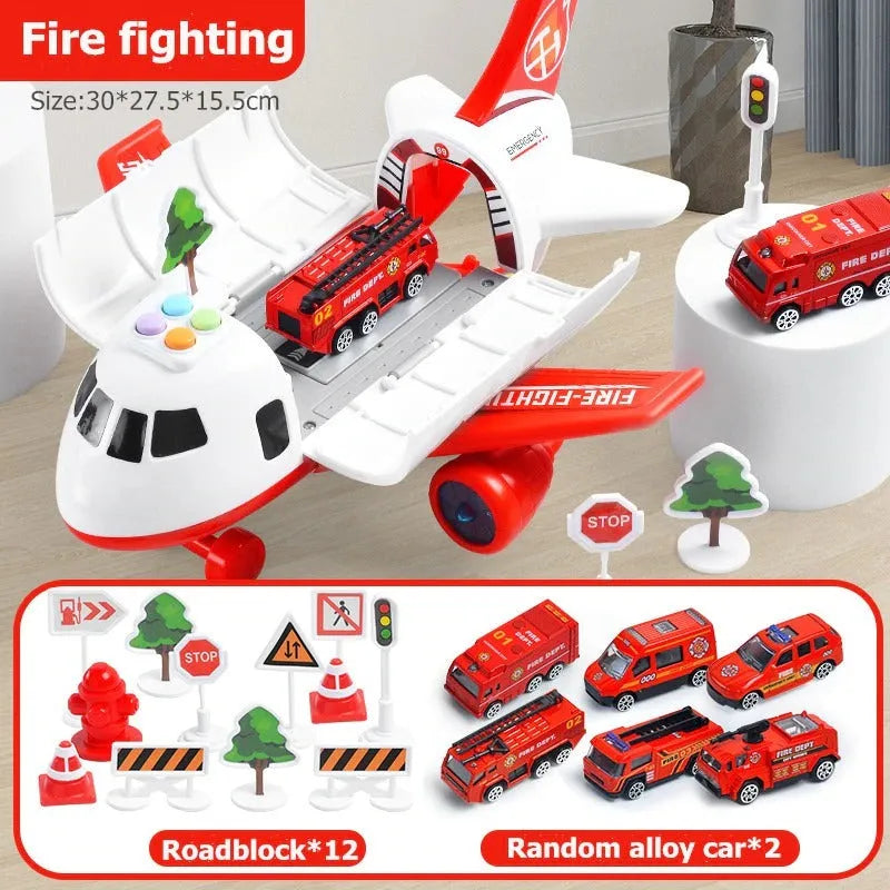 Kids enjoying an educational airplane playset, creating imaginative rescue missions with realistic lights, sounds, and vehicles.