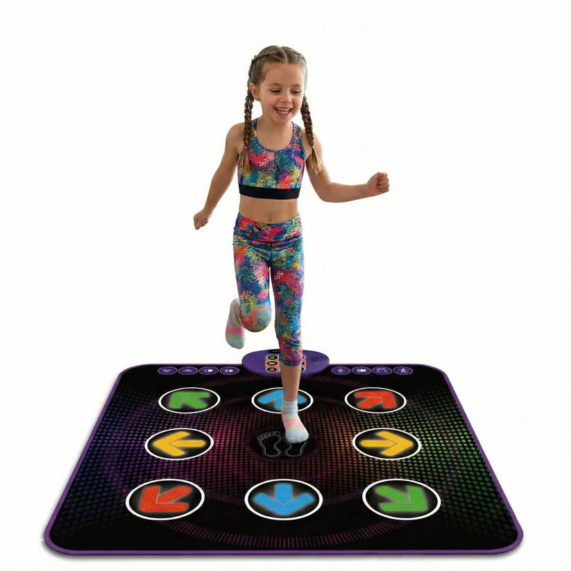 Kids' light-up Bluetooth dance mat game pad; active electronic music toy for interactive fun & play.