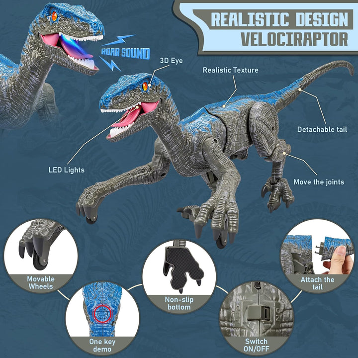 Rechargeable remote control Velociraptor dinosaur toy showcasing vibrant LED lights and realistic sound effects.