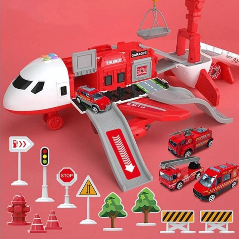 Children's transforming toy plane with built-in storage, musical sounds, and battery-free inertia movement.