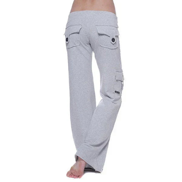 Durable women's bootcut cargo pants, offering ample pockets for casual or work use.