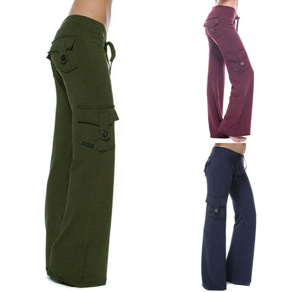 Women's flattering bootcut cargo pants with multiple pockets, ideal for casual wear.
