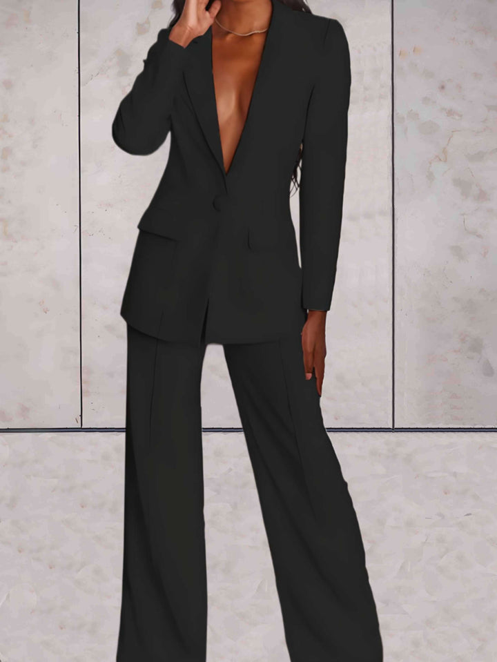 Stylish women's two-piece set with a professional blazer & elegant wide-leg pants, suitable for business & events.