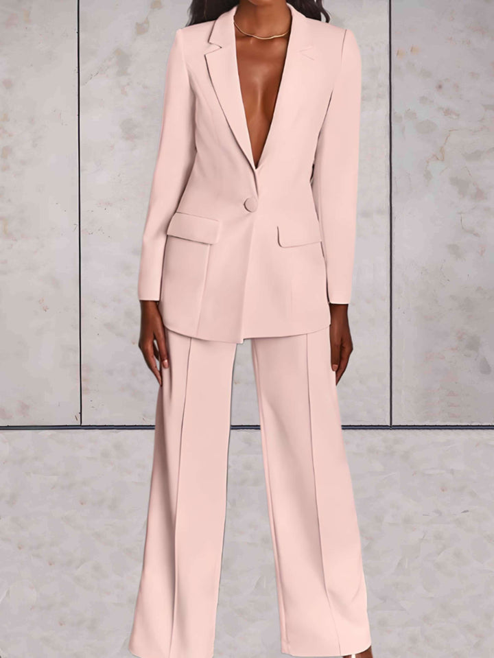 Sophisticated women's tailored blazer & wide-leg pants set, ideal for professional business meetings & office attire.