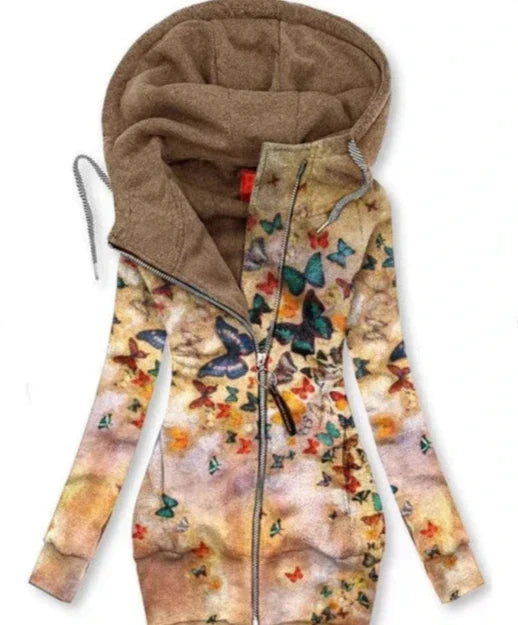 Stylish women's butterfly art cardigan. Warm, oversized zipper sweater for autumn, winter & casual layering.
