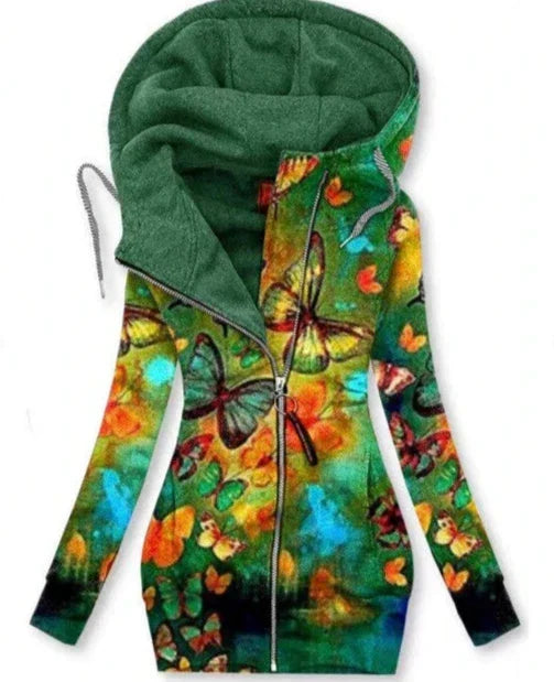 Women's artistic butterfly print cardigan. Comfortable, oversized zip sweater, ideal for winter casual fashion.