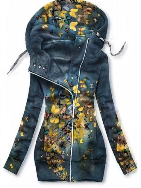 Artistic butterfly design women's cardigan. Cozy, oversized zip sweater for stylish autumn/winter outerwear.
