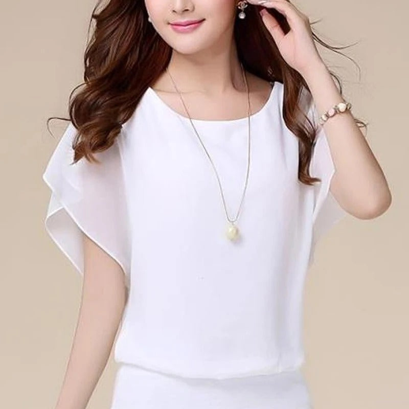 Women's casual chic blouse, ruffled sleeves, flowy chiffon. Perfect for office to dinner.