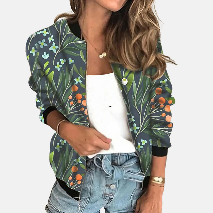 Stylish Zoë women's retro bomber jacket with zipper, eye-catching print, lightweight transitional fashion outerwear.