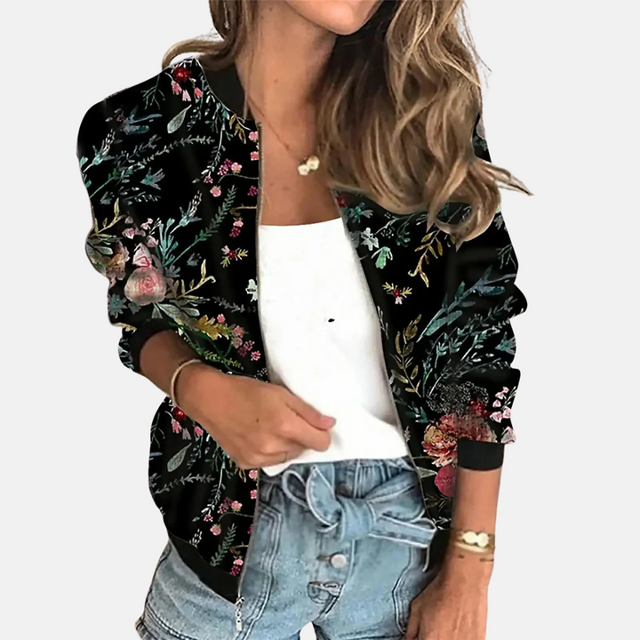 Women's Zoë printed retro bomber jacket, ideal for a chic casual style & fashion-forward statement piece.
