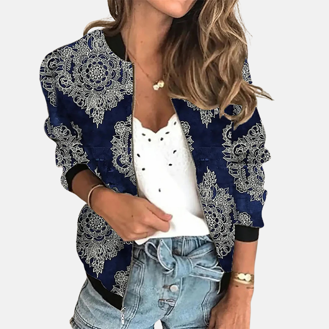 Zoë women's bomber jacket, features unique vibrant print, a stylish retro fashion outerwear piece for casual style.
