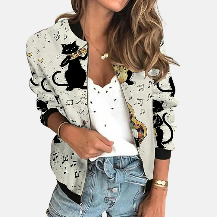 Lightweight Zoë women's printed retro bomber jacket, perfect casual outerwear for versatile fashion and comfort.