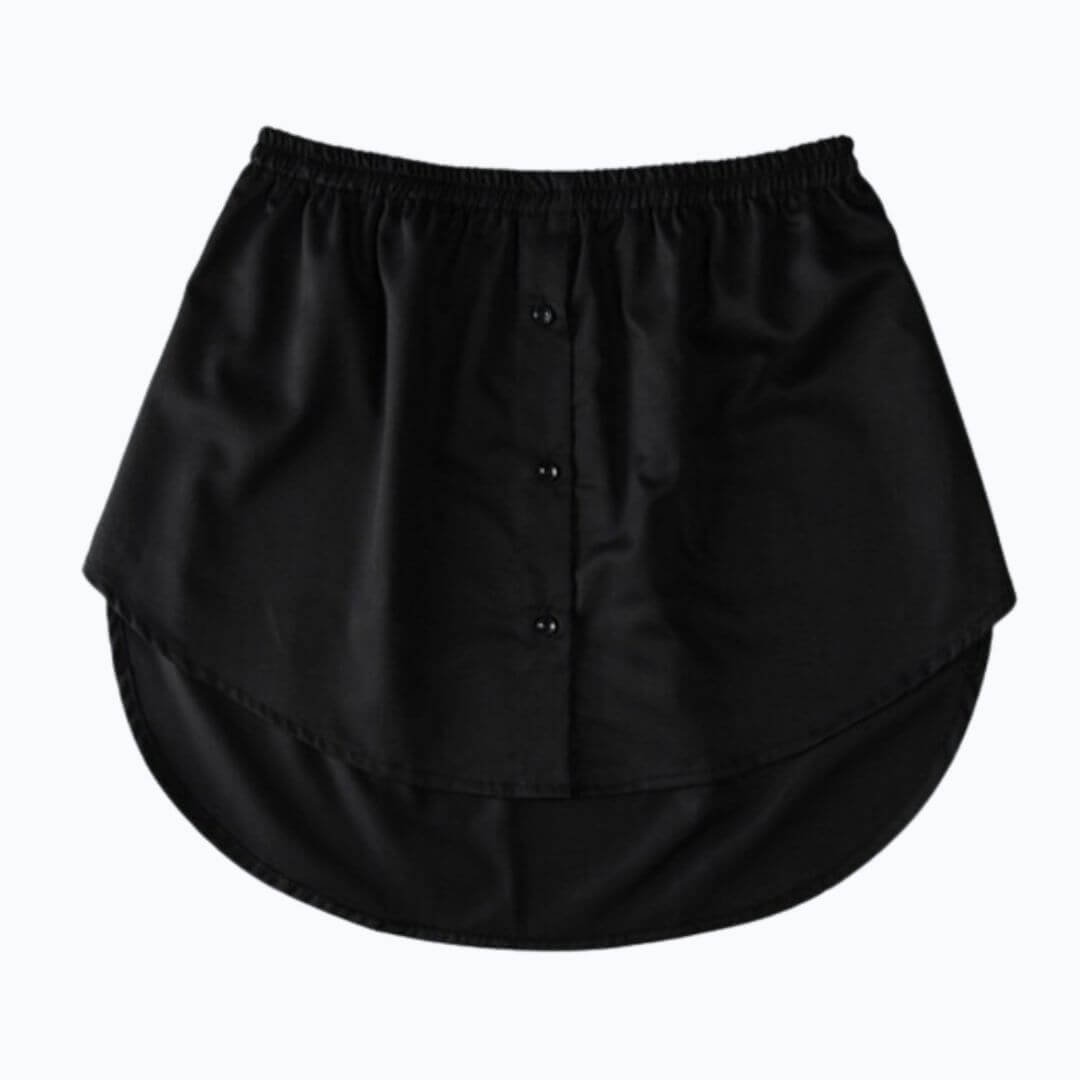 Black women's shirt extender with an elastic waist and round hem, essential for versatile layering.