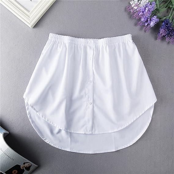 White women's elastic waist shirt extender with a round hem, perfect for comfortable layering.