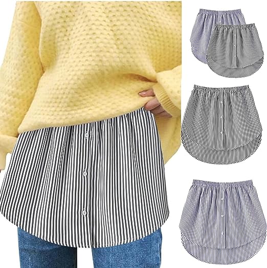 Trendy women's black elastic waist shirt extender, round hem, perfect fashion accessory for layering.